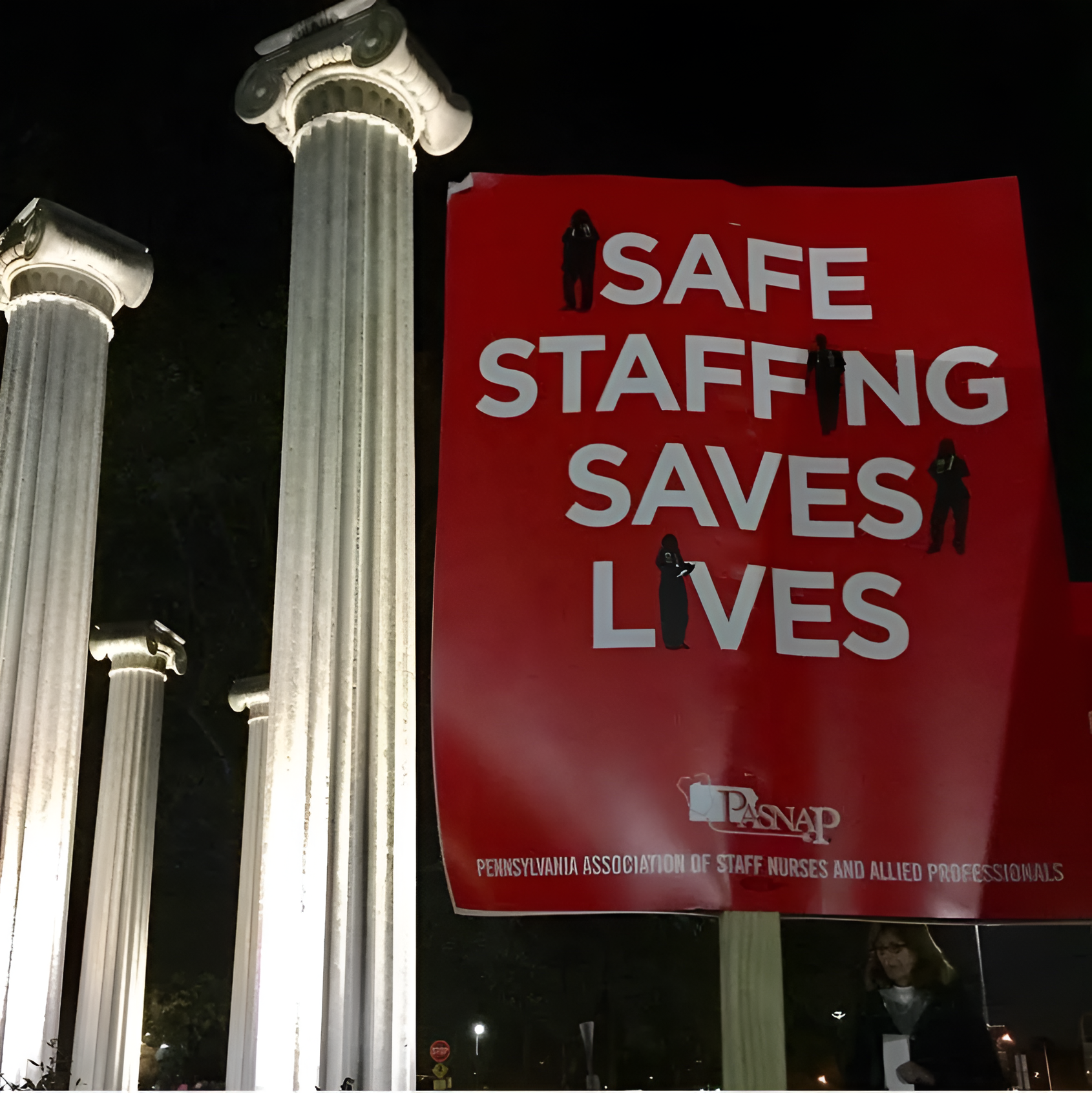 Red Safe Staffing Saves Lives protest sign