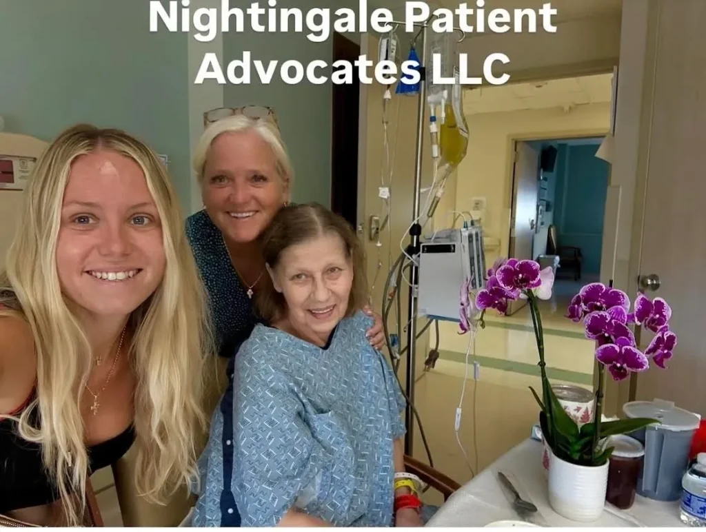 Hospital patient with visitors and purple orchids