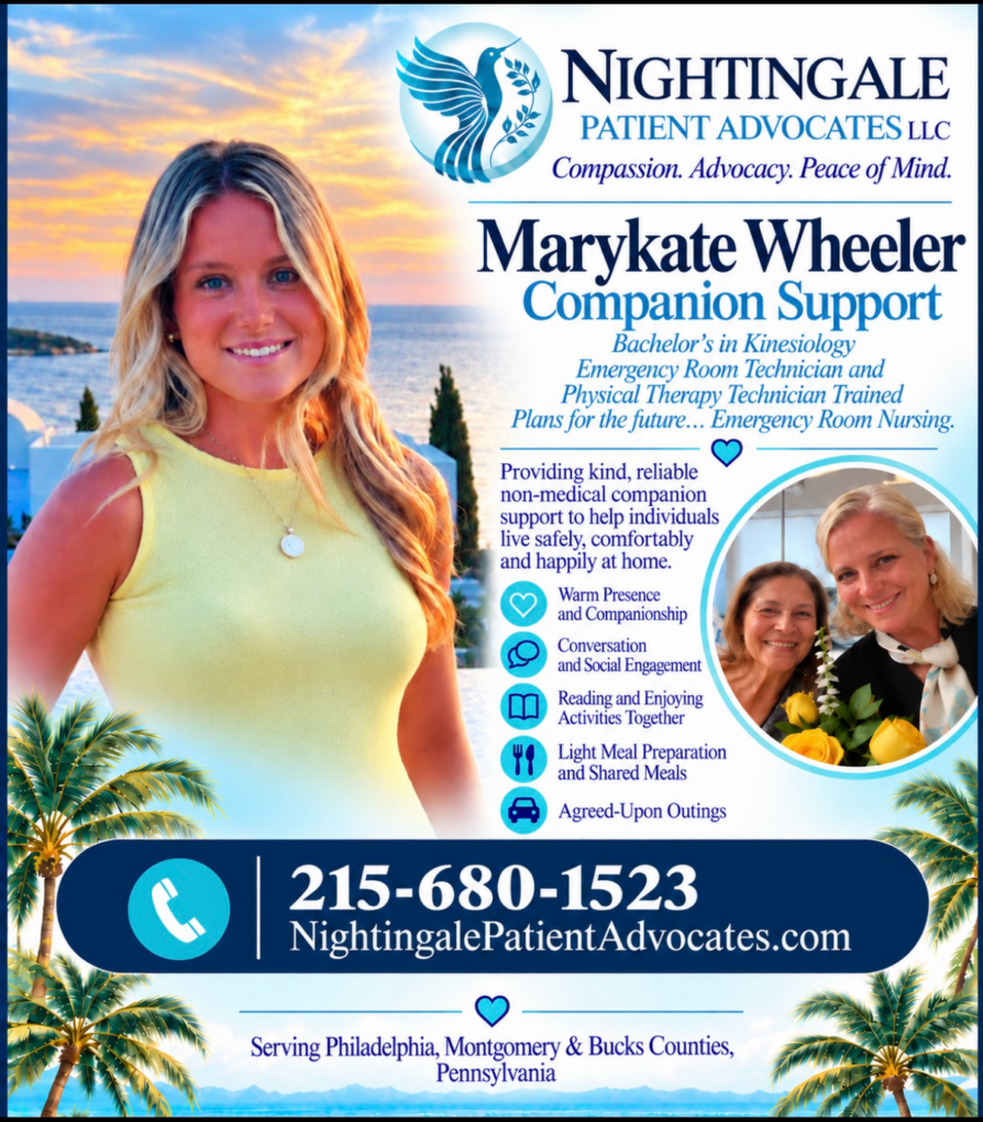 Smiling woman promoting companion support services.
